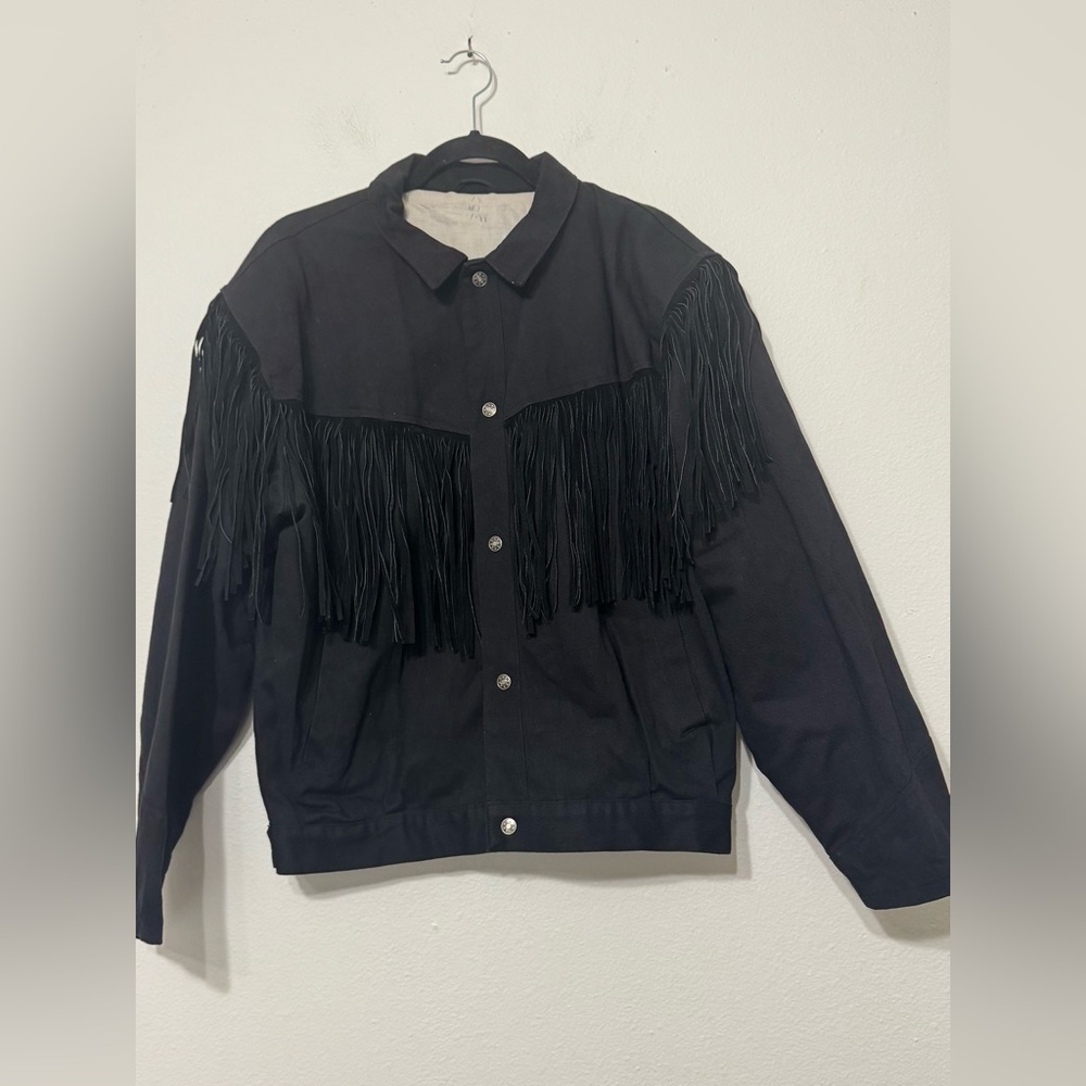 Vintage Black Denim Fringe Jacket Size Large